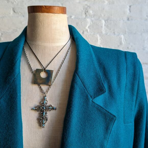Vintage Green Blue Wool Blazer Classic Preppy Oversize Minimalist Grandpa Jacket - Picture 4 of 10